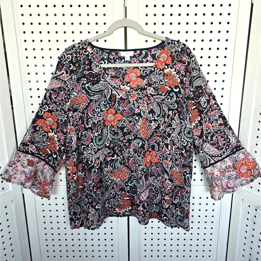 J Jill Black Paisley V Neck 3/4 Sleeve Pullover Blouse Top Womens SIZE L
